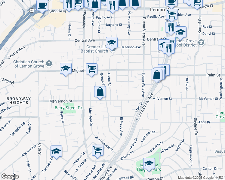 map of restaurants, bars, coffee shops, grocery stores, and more near 2505 Glebe Road in Lemon Grove