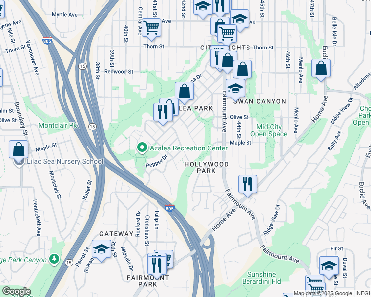map of restaurants, bars, coffee shops, grocery stores, and more near 4196 Sycamore Drive in San Diego