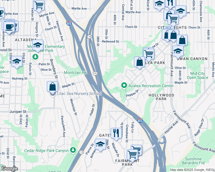 map of restaurants, bars, coffee shops, grocery stores, and more near 3901 Manzanita Drive in San Diego