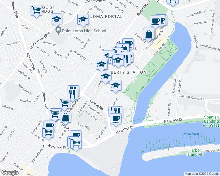 map of restaurants, bars, coffee shops, grocery stores, and more near 2855 Farragut Road in San Diego