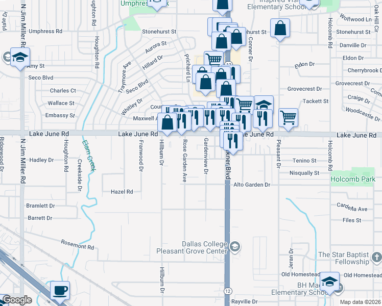 map of restaurants, bars, coffee shops, grocery stores, and more near 1212 Rose Garden Avenue in Dallas