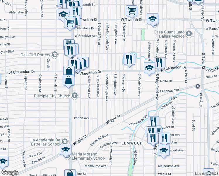 map of restaurants, bars, coffee shops, grocery stores, and more near 1207 South Marlborough Avenue in Dallas