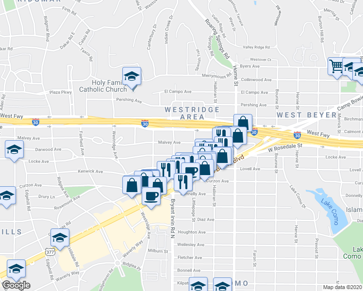 map of restaurants, bars, coffee shops, grocery stores, and more near 5937 Malvey Avenue in Fort Worth
