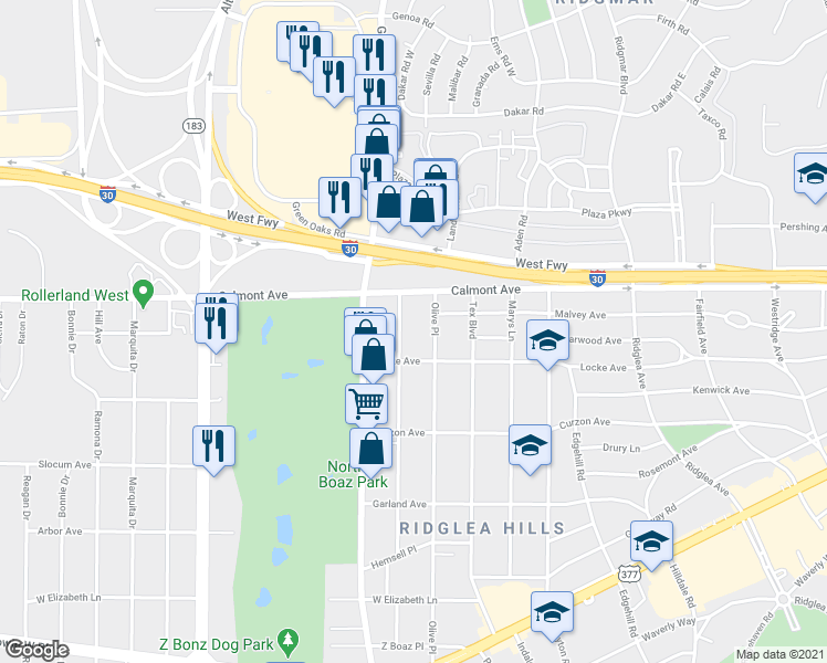 map of restaurants, bars, coffee shops, grocery stores, and more near 2903 Sappington Place in Fort Worth