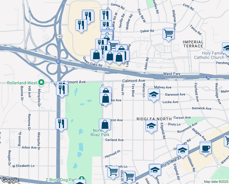 map of restaurants, bars, coffee shops, grocery stores, and more near 2903 Sappington Place in Fort Worth