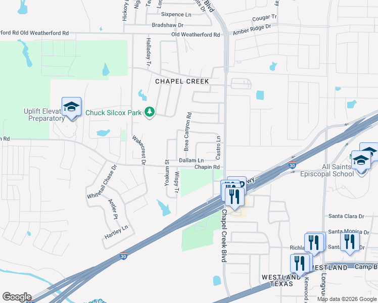 map of restaurants, bars, coffee shops, grocery stores, and more near 2733 Briscoe Drive in Fort Worth
