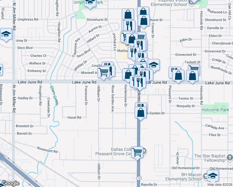 map of restaurants, bars, coffee shops, grocery stores, and more near 1212 Rose Garden Avenue in Dallas