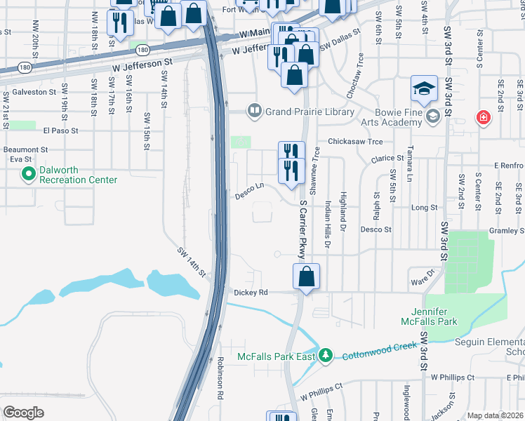 map of restaurants, bars, coffee shops, grocery stores, and more near 915 Desco Lane in Grand Prairie