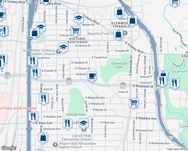 map of restaurants, bars, coffee shops, grocery stores, and more near 1312 Verbena Street in Fort Worth