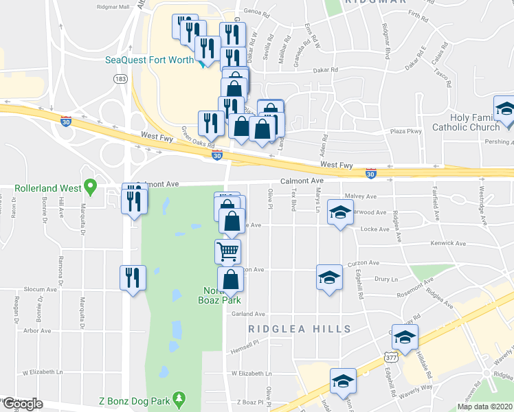 map of restaurants, bars, coffee shops, grocery stores, and more near 2903 Sappington Place in Fort Worth