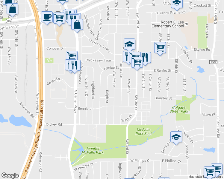map of restaurants, bars, coffee shops, grocery stores, and more near 1002 SW 5th St in Grand Prairie