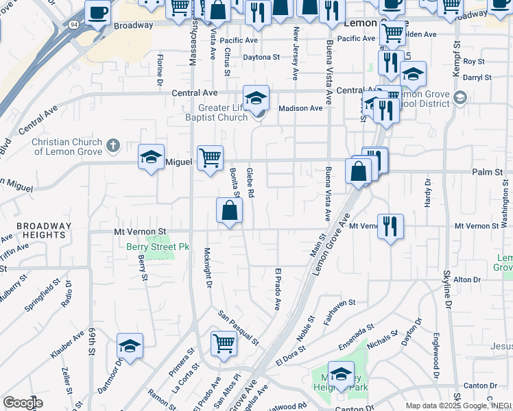 map of restaurants, bars, coffee shops, grocery stores, and more near 2505 Glebe Road in Lemon Grove