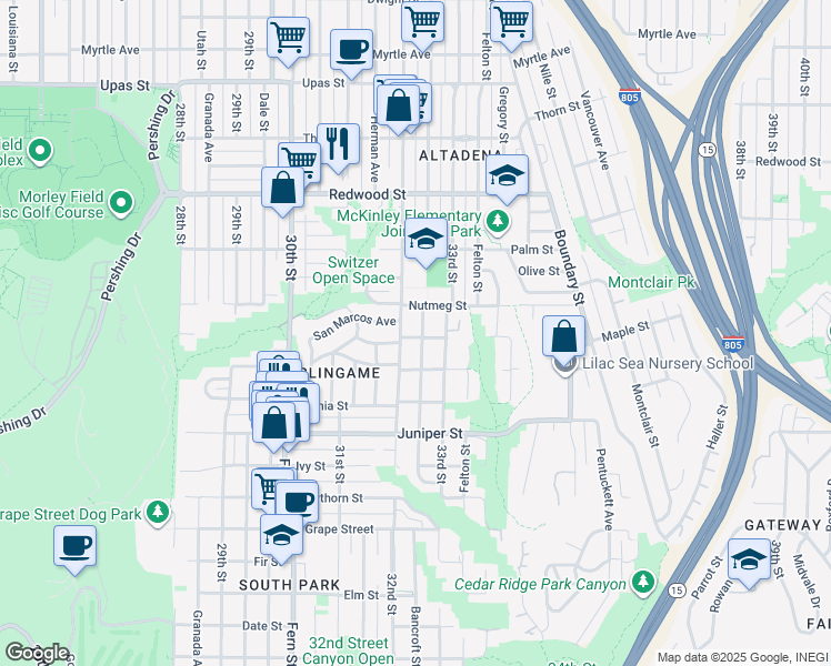 map of restaurants, bars, coffee shops, grocery stores, and more near 2604 Bancroft Street in San Diego