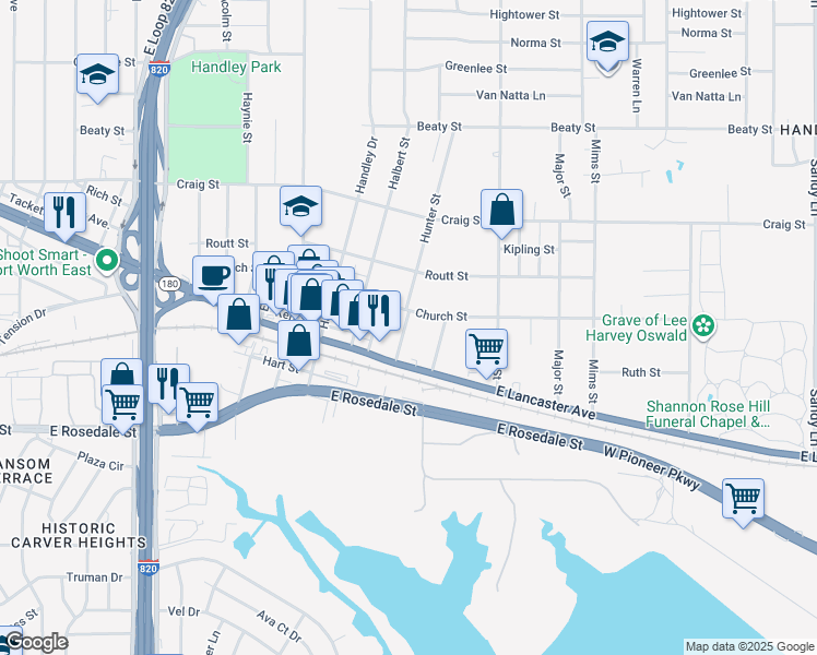 map of restaurants, bars, coffee shops, grocery stores, and more near 3111 Hunter Street in Fort Worth