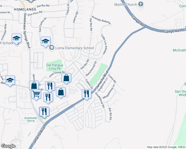 map of restaurants, bars, coffee shops, grocery stores, and more near 2966 Elm Tree Court in Spring Valley