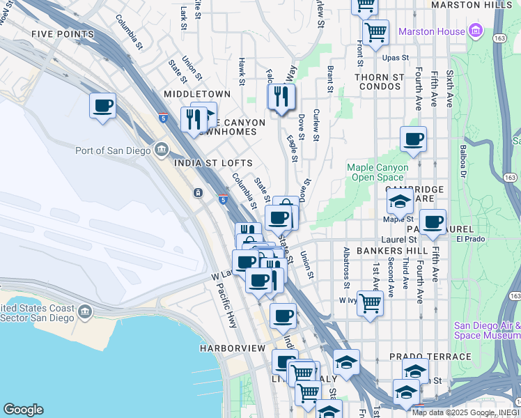 map of restaurants, bars, coffee shops, grocery stores, and more near 2715 Columbia Street in San Diego