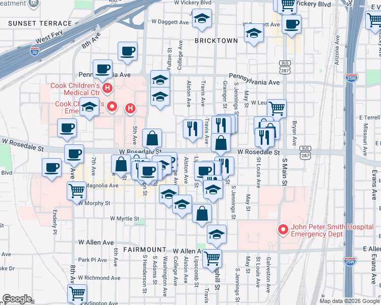 map of restaurants, bars, coffee shops, grocery stores, and more near 901 West Rosedale Street in Fort Worth