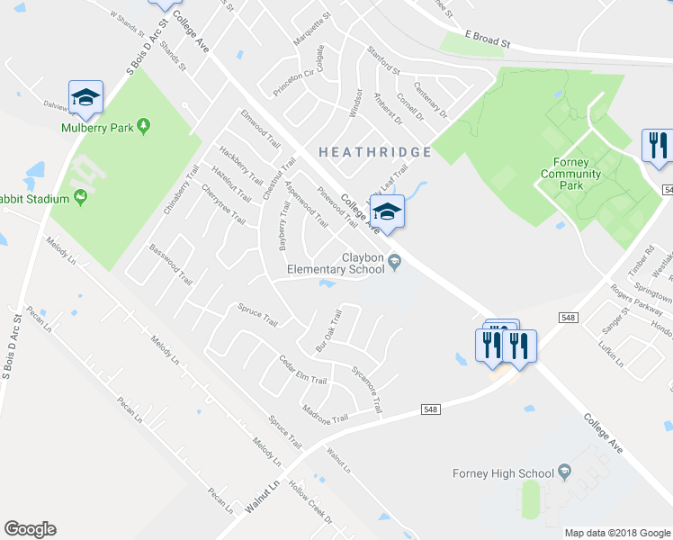 map of restaurants, bars, coffee shops, grocery stores, and more near 208 Lakewood Trail in Forney