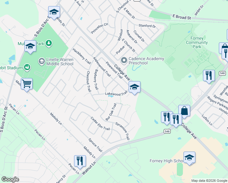 map of restaurants, bars, coffee shops, grocery stores, and more near 208 Lakewood Trail in Forney