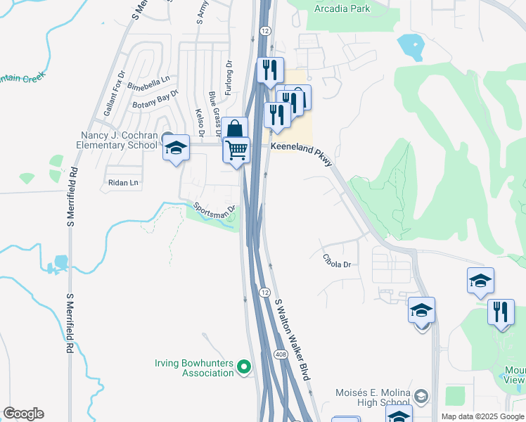 map of restaurants, bars, coffee shops, grocery stores, and more near South Walton Walker Boulevard in Dallas