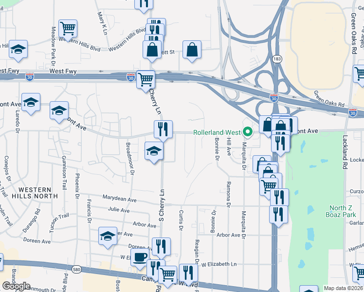 map of restaurants, bars, coffee shops, grocery stores, and more near 2816 Sierra Drive in Fort Worth