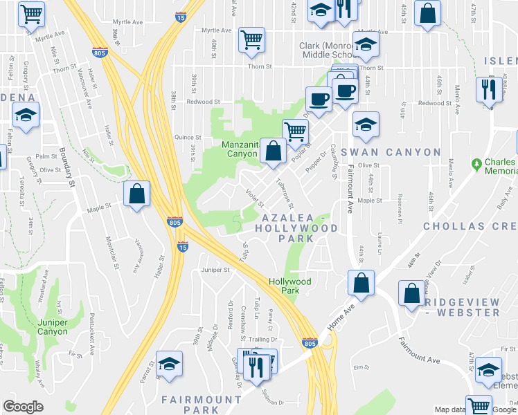 map of restaurants, bars, coffee shops, grocery stores, and more near 2576 Violet Street in San Diego