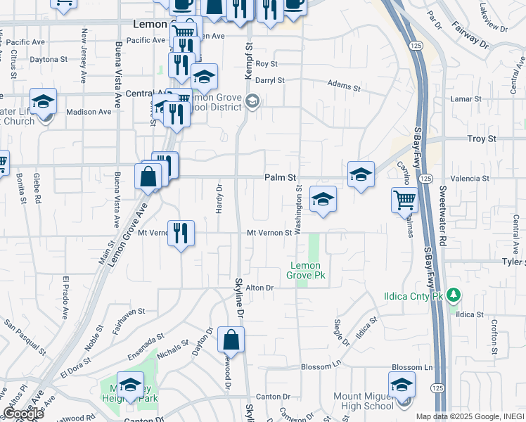 map of restaurants, bars, coffee shops, grocery stores, and more near 2520 Mulder Street in Lemon Grove