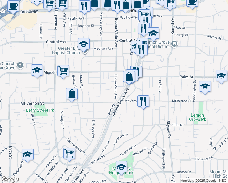 map of restaurants, bars, coffee shops, grocery stores, and more near 2514 Buena Vista Avenue in Lemon Grove