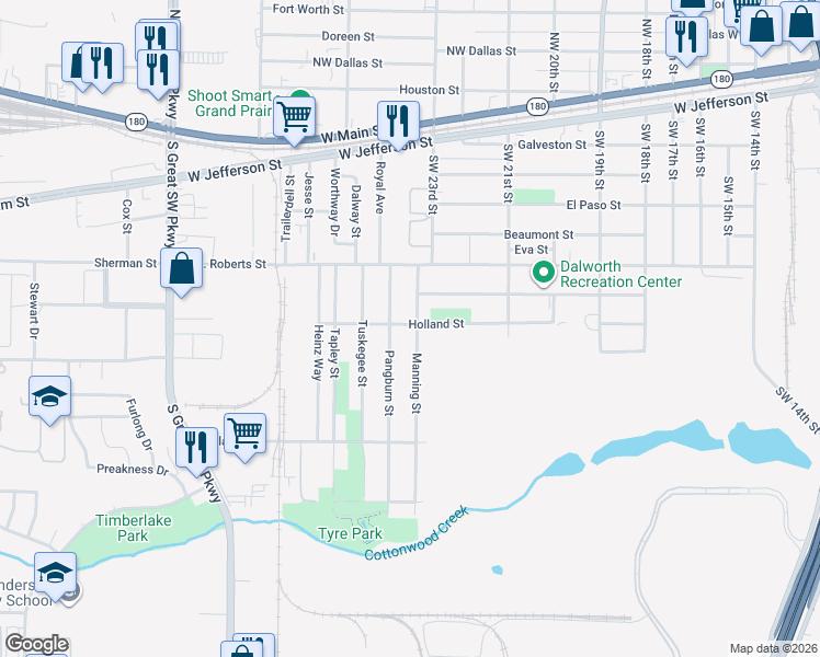 map of restaurants, bars, coffee shops, grocery stores, and more near 802 Manning Street in Grand Prairie
