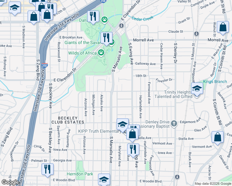 map of restaurants, bars, coffee shops, grocery stores, and more near 714 Winters Street in Dallas