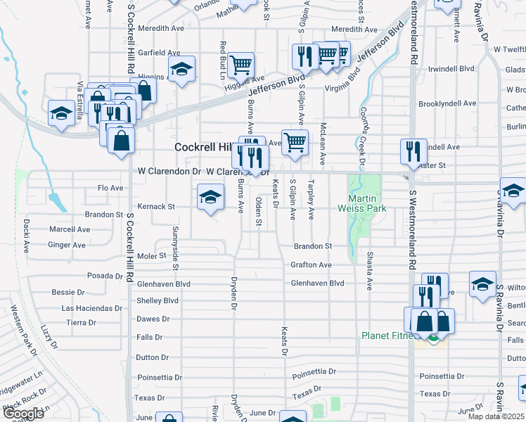 map of restaurants, bars, coffee shops, grocery stores, and more near 1228 Olden Street in Dallas