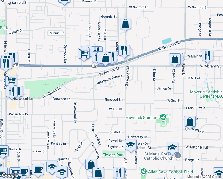 map of restaurants, bars, coffee shops, grocery stores, and more near 386 Westview Terrace in Arlington