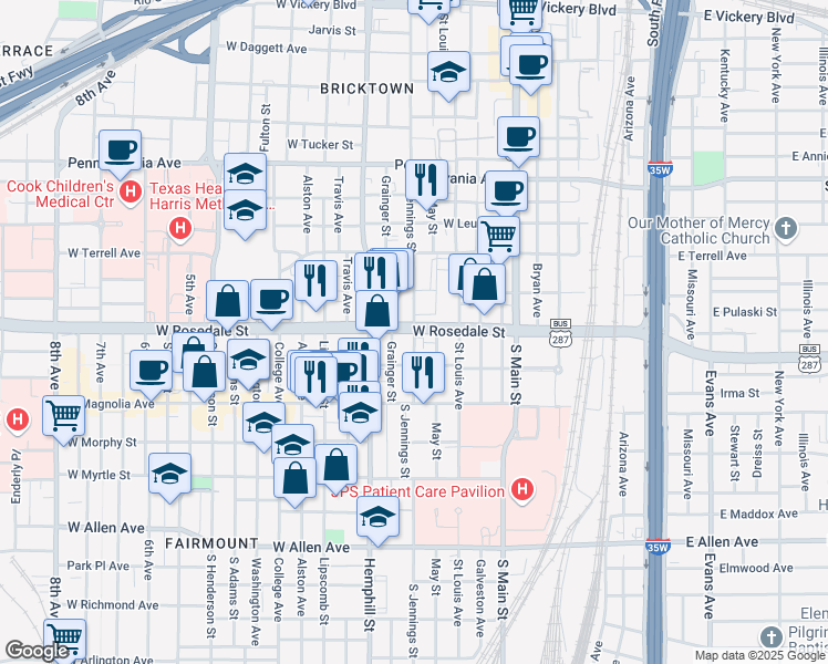 map of restaurants, bars, coffee shops, grocery stores, and more near 1100 South Jennings Avenue in Fort Worth