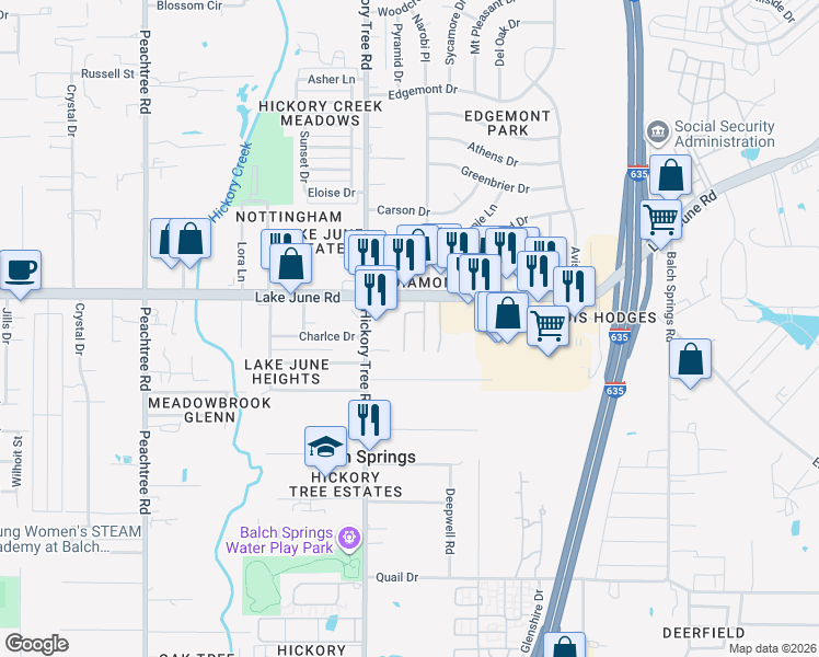 map of restaurants, bars, coffee shops, grocery stores, and more near 22 Lake June Mobile Home Park in Balch Springs