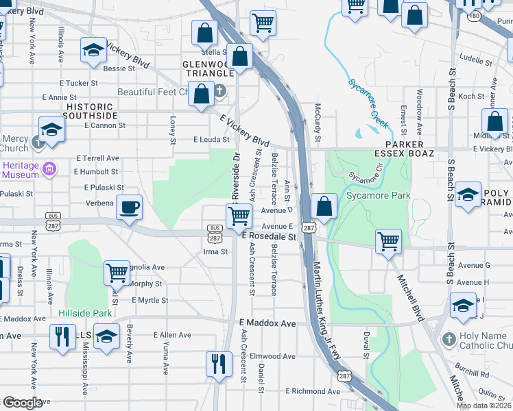 map of restaurants, bars, coffee shops, grocery stores, and more near 1027 Ash Crescent Street in Fort Worth