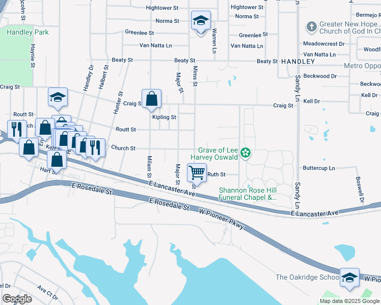 map of restaurants, bars, coffee shops, grocery stores, and more near 3100 Mims Street in Fort Worth