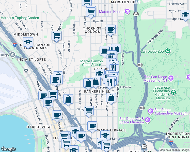 map of restaurants, bars, coffee shops, grocery stores, and more near 2642 Second Avenue in San Diego
