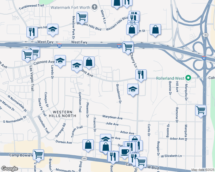 map of restaurants, bars, coffee shops, grocery stores, and more near 8124 Calmont Avenue in Fort Worth