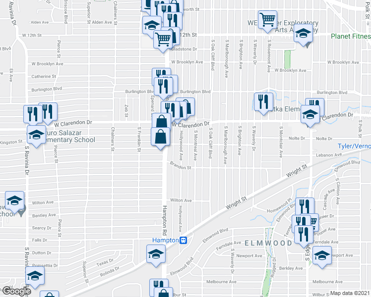 map of restaurants, bars, coffee shops, grocery stores, and more near 1208 Hollywood Avenue in Dallas