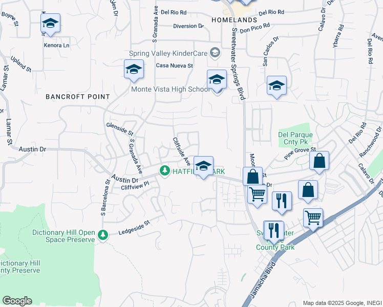 map of restaurants, bars, coffee shops, grocery stores, and more near 10116 Cliffside Place in Spring Valley