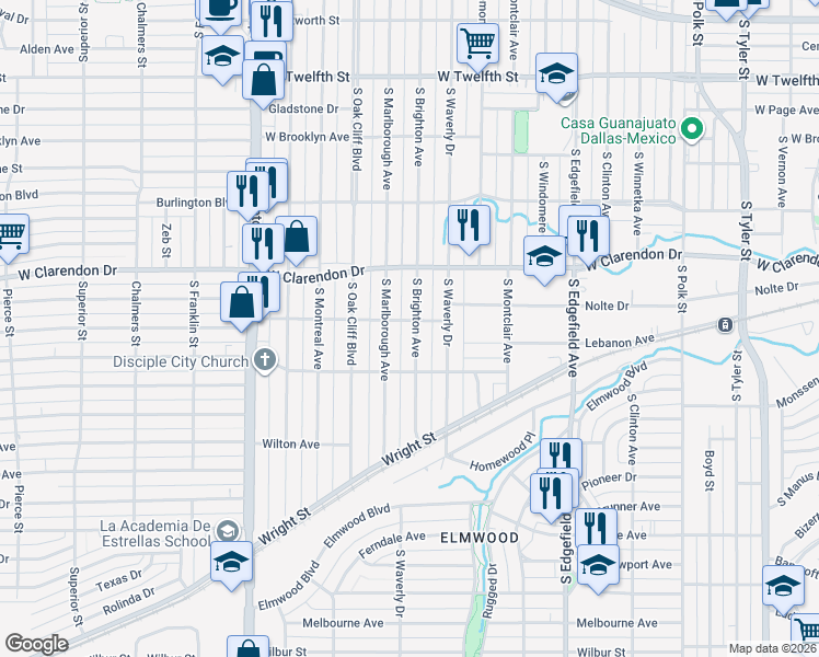 map of restaurants, bars, coffee shops, grocery stores, and more near 1207 South Brighton Avenue in Dallas