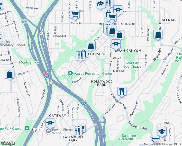 map of restaurants, bars, coffee shops, grocery stores, and more near 2529 Tuberose Street in San Diego