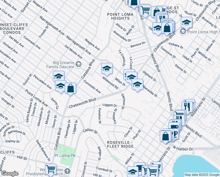 map of restaurants, bars, coffee shops, grocery stores, and more near 3736 Dixon Place in San Diego