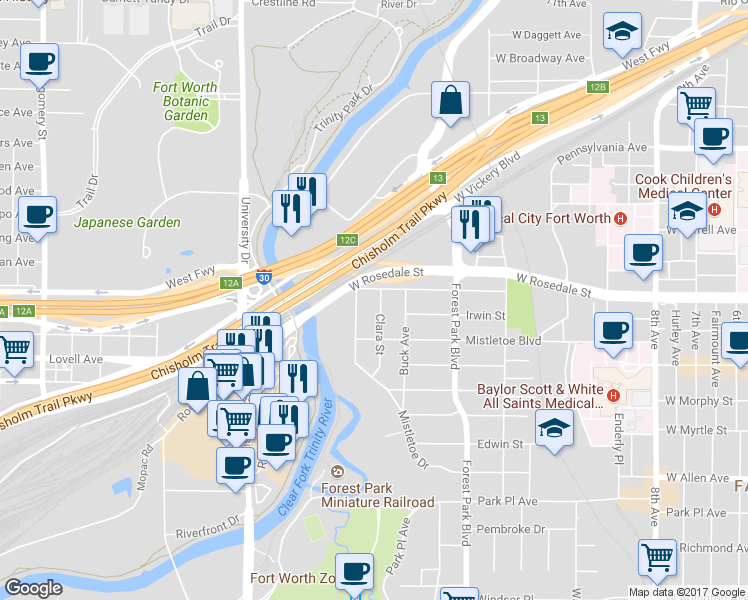 map of restaurants, bars, coffee shops, grocery stores, and more near 1108 Clara Street in Fort Worth