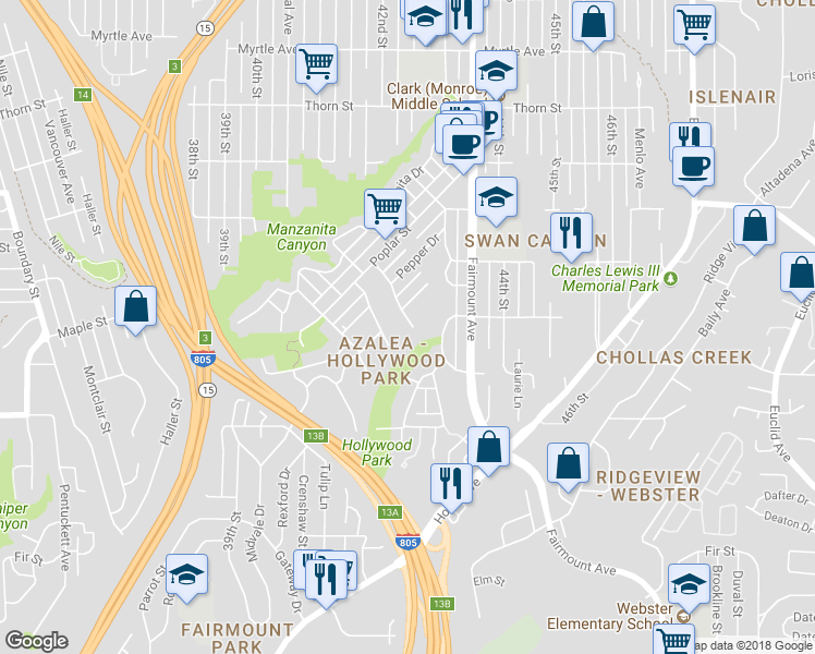 map of restaurants, bars, coffee shops, grocery stores, and more near 2520 Snowdrop Street in San Diego