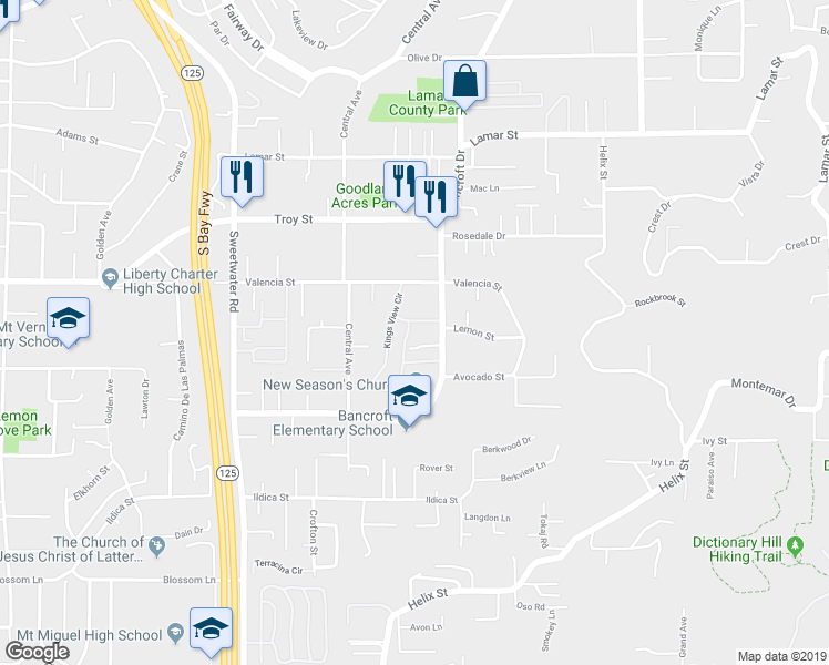 map of restaurants, bars, coffee shops, grocery stores, and more near 8941 Arlingdale Way in Spring Valley