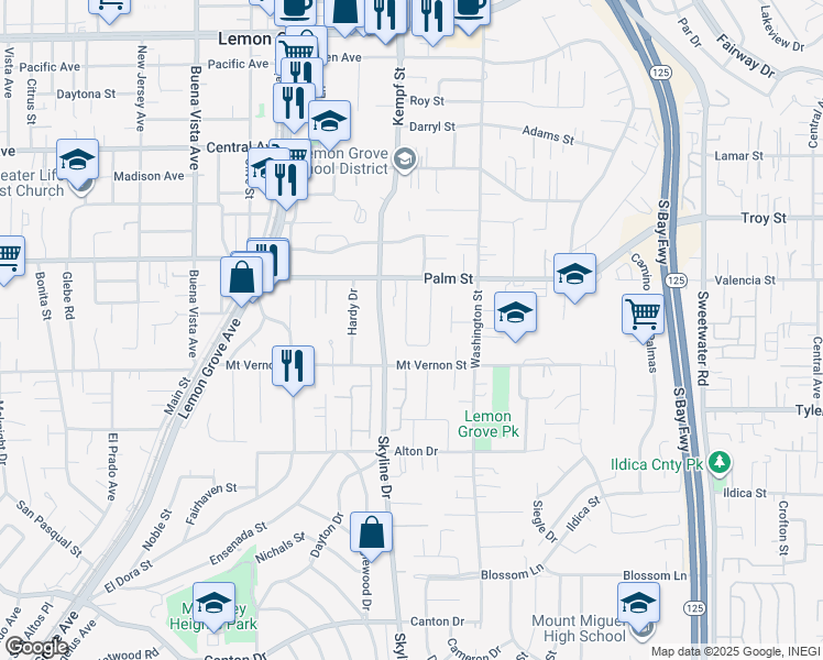 map of restaurants, bars, coffee shops, grocery stores, and more near 2520 Mulder Street in Lemon Grove
