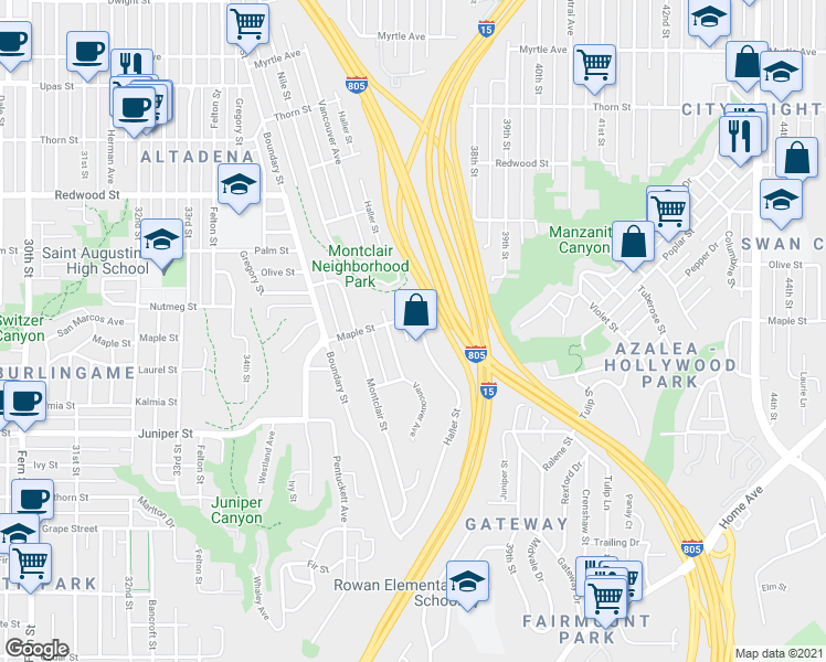 map of restaurants, bars, coffee shops, grocery stores, and more near 2531 Haller Street in San Diego