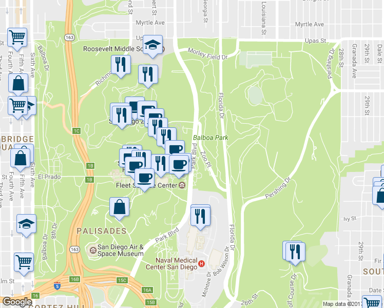 map of restaurants, bars, coffee shops, grocery stores, and more near 3911 Park Boulevard in San Diego