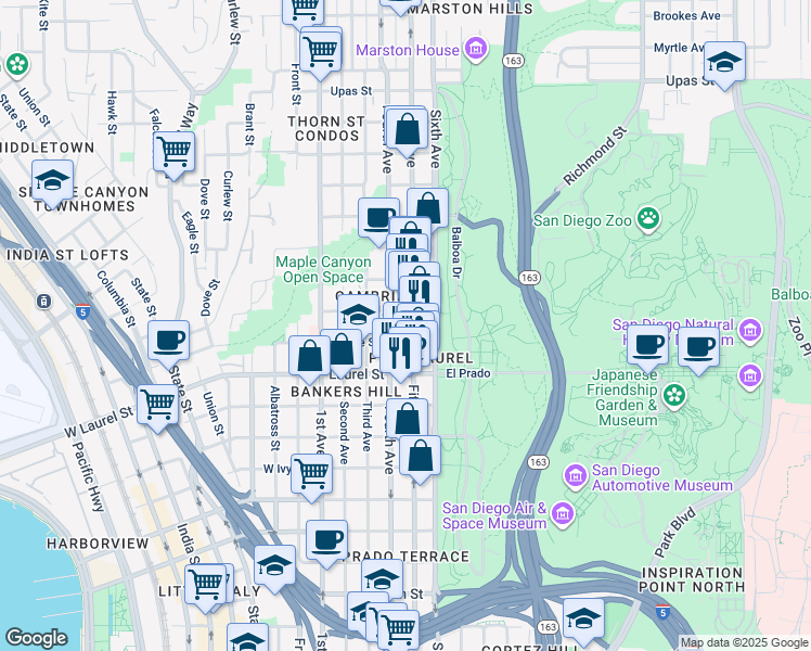 map of restaurants, bars, coffee shops, grocery stores, and more near 2642 Fifth Avenue in San Diego